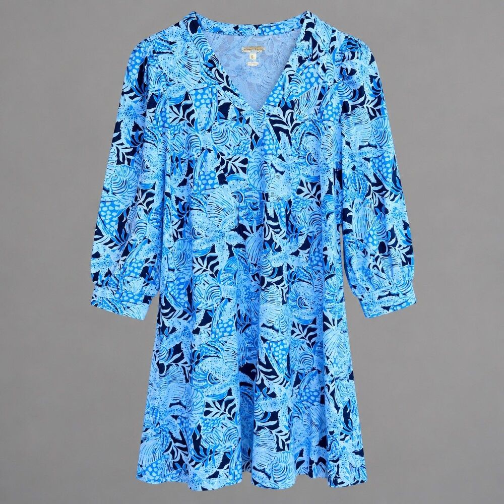 Lilly Pulitzer Dress Womens XS Blue Seashell Shift 3/4 Puff Sleeve V Neck Knit